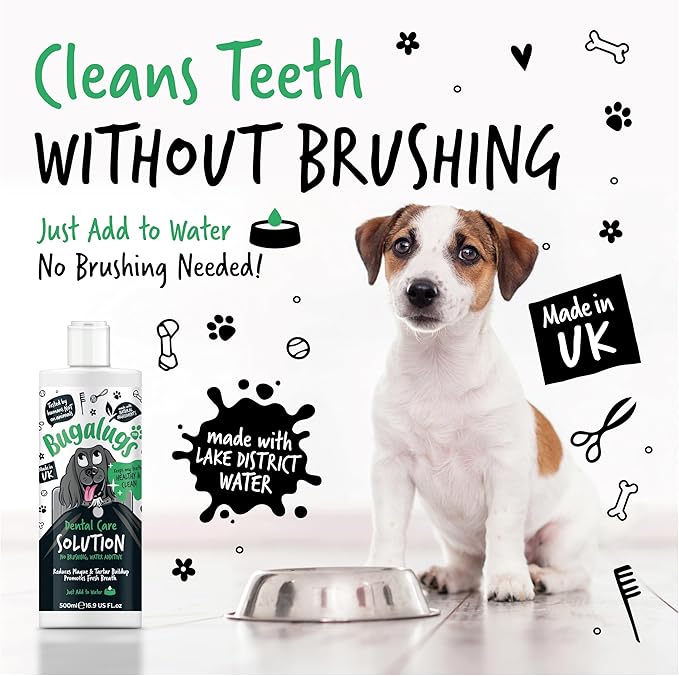 BUGALUGS Dog Breath Freshener Dental Care Water Additive. Clean Teeth, Healthy Gums & Fresh Breath - Natural Dog Plaque Remover & Tartar Remover for Teeth. No Brushing Needed (16.9 Oz Water Additive)