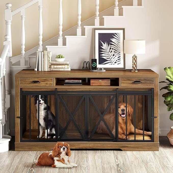 YITAHOME 63" Double Dog Crate TV Stand with Charging Station for 2 Dogs | Heavy Duty Wooden Cage, Dog Kennel Indoor Furniture Double Sliding Barn Door Design Ideal for 2 Dogs, Oak