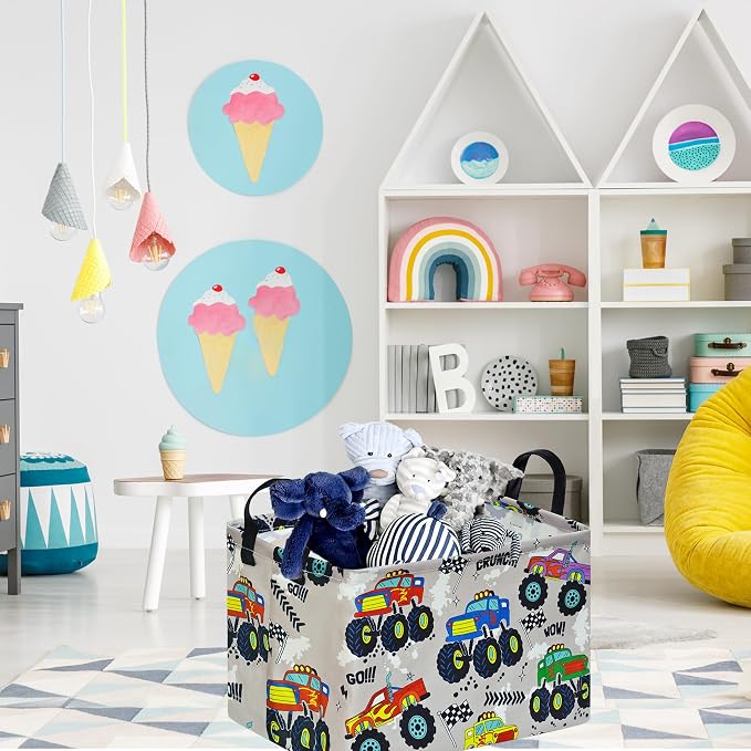 Baby Storage Basket Nursery Box Laundry Hamper Organization Bins for Toys and Clothes with Handles (Grey Car)