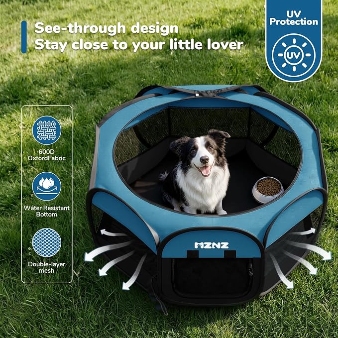 Dog Cat Small Animal Puppy Playpen Crate, Large, Blue Black | Portable Pop Up Pet Cage Enclosure Tent Kennel Indoor Outdoor with Carrying Case, No Assembly, Camping Use