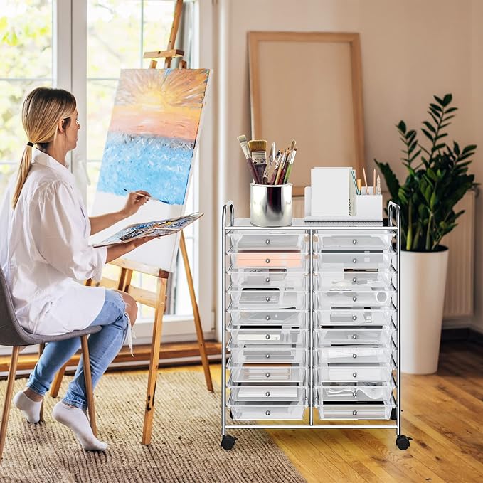 20 Drawer Rolling Storage Cart, Art Cart Organizer with Wheels for Makeup, Tool, Paper, Multipurpose Craft Storage Cart with Drawers for Office, Home, Classroom, Teacher, School (Clear)