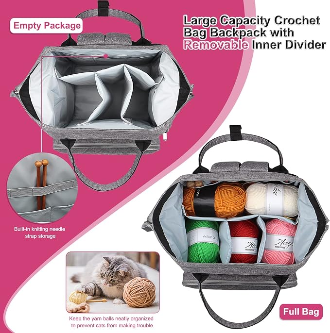 Coopay Huge Crochet Bag, Travel Knitting Bag Yarn Storage Knitting Tote Bag | 7.48''x 11.41''x 14.57''Large Capacity Yarn Storage Organizer for Unfinished Project, Yarn, Knitting & Crochet Supplies, Gray