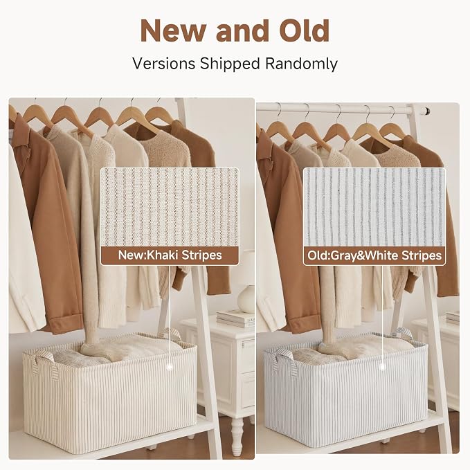 StorageWorks Fabric Storage Bins, Khaki and Beige Stripes, 2-Pack | With Reinforced Handles, Metal Frame, Sturdy Structure, Collapsible, for Closet, Shelves, Holds Clothes, Towels, Blankets