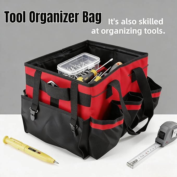 Tool Organizer Tote Bag, Pink and Black, Large Capacity with Adjustable Compartments, Portable Cleaning Storage Caddy, 14.96x10.63x9.06 Inches (Red)