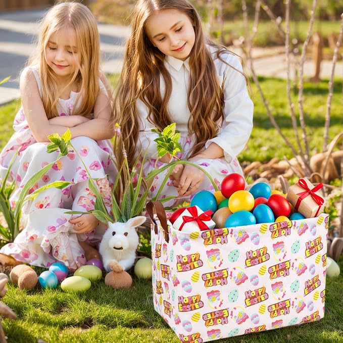 Large Empty Easter Basket for Kid Baby Rectangular Cute Easter Gift Bunny Eggs Décor Storage Basket (Pink Happy Egg)