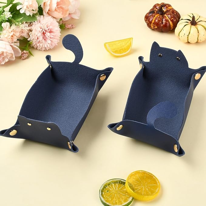 Craftdady 4 PCS Foldable Blue Valet Tray Cute Cat-Shaped Catch All Trays