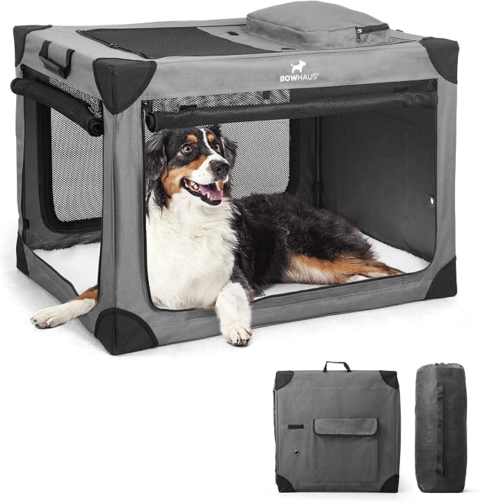 BOWHAUS 36 Inch Portable Travel Dog Kennel for Medium Dogs with Durable Mesh Windows and 2 Storage Pockets, Indoor & Outdoor for Car, Soft-Sided Collapsible Dog Crate with 4 Breathable Mesh Door