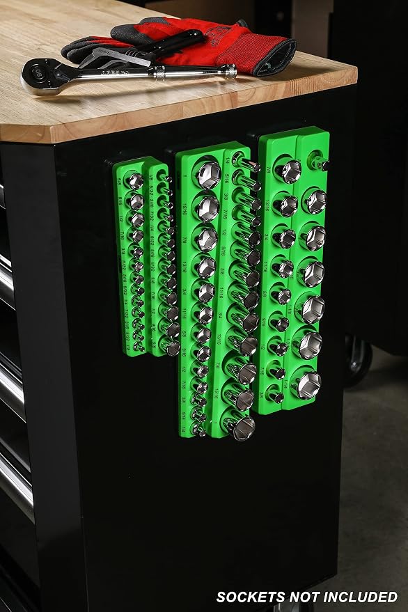 ARES 60005 26-Pc 1/4-In Red/Green SAE Magnetic Socket Organizer | Multi-Size Inch Drive Bit Set