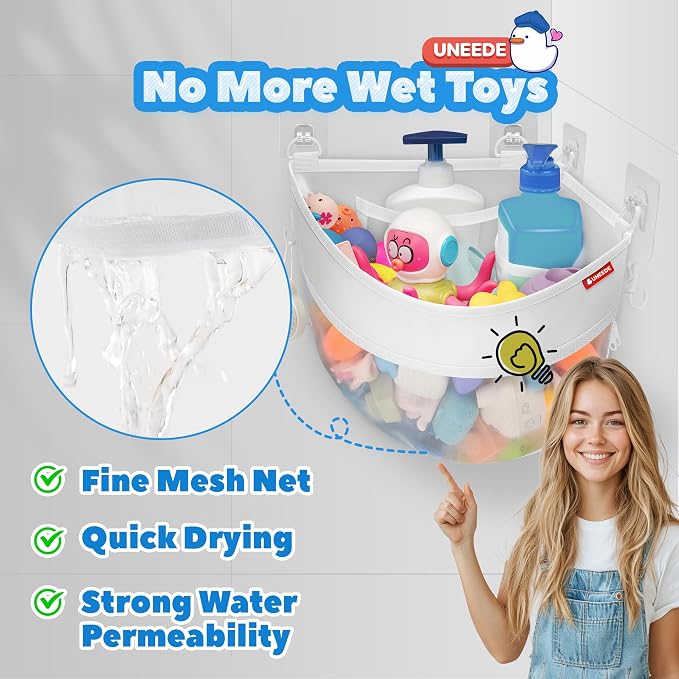 UNEEDE 4.32 Gallons Corner Mounted Bath Toy Storage Holder, Mesh Shower Caddy for Bathtub Organizer, Quick Dry Holder | Mesh Shower Caddy for Bathtub Organizer, Quick Dry Holder