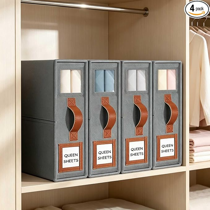 GhvyenntteS Bed Sheet Organizers and Storage, 4 Pack Closet Organizer | Foldable 800D Thickened Fabric, Clear Window & Labels, Leather Handle, Dust & Moisture Proof, Fits King & Queen Sheet Sets
