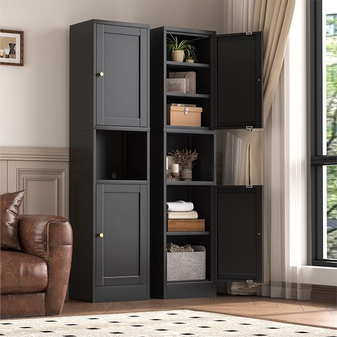 YAUWOH 2-Door Metal Storage Cabinet, Tall Slim Pantry Organizer with 3 Adjustable Shelves (120LBS/Shelf), Anti-Tipping Waterproof Cabinet for Bathroom/Kitchen/Home Office/Small Spaces, (1PC,Black)