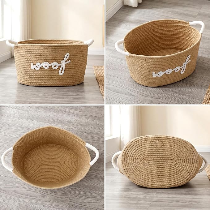 Dog Toy Storage Basket with Handles, 14.6 x 10.6 x 8.7 Inch Cotton Rope Dog Toy Storage Bin Woven Pet Organizer Shelf Basket for Pet Chew Toys, Foods