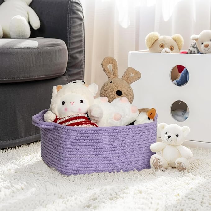 MEGASKET Purple Woven Basket, 13.5” x 10” x 6” Purple Empty Gift Basket to Fill, Decorative Cotton Rope Storage Bin for Organizing, Cute Baby Nursery Organizer, Rectangle Dog Toy Bin, Room Decor