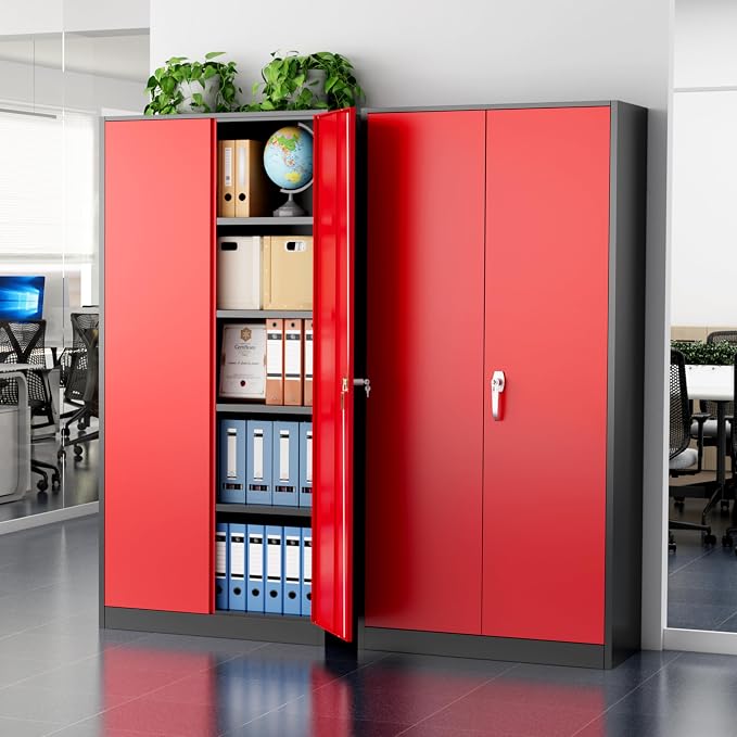 Greenvelly Metal Storage Cabinet with Doors and Shelves, 72" Inch Locking Metal Cabinet,Garage Storage Cabinet for Garage Office School Warehouse (Black Red)