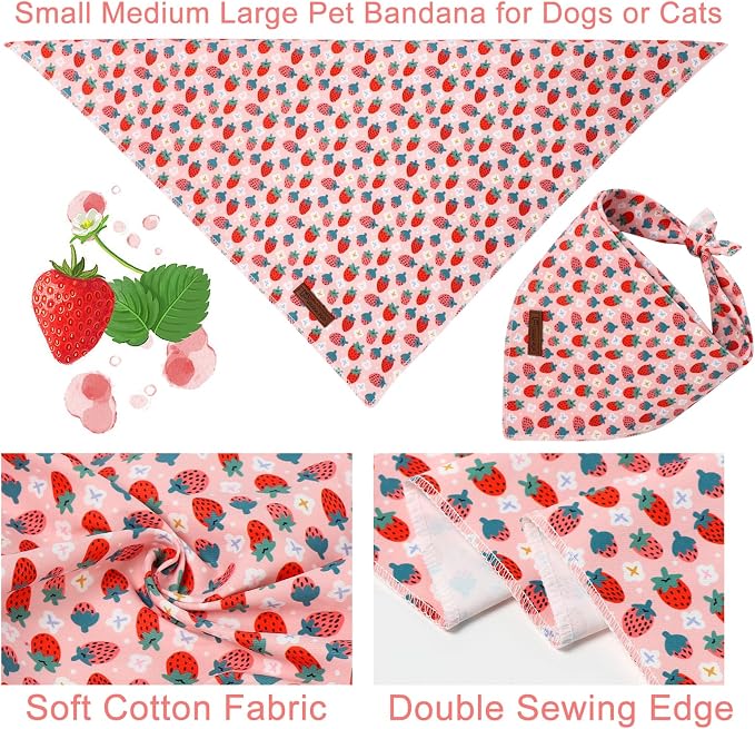 Summer Dog Bandana, UP URARA PUP Strawberry Triangle Bid Scarf for Medium Large Dogs, Cotton Kerchief for Girl Boy Puppies, Cute Spring Bandana,L