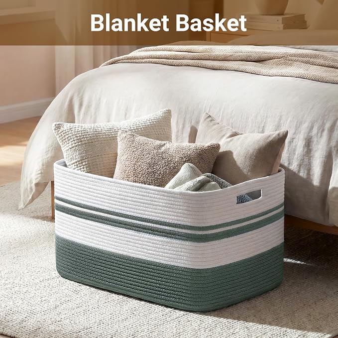 75L Large Blanket Basket, 22"x17"x12"Rectangle Cotton Rope Woven Storage Basket with Handles, Laundry Hamper for Living Room, Nursery, Bedroom - Chemical-Free, Kid & Pet Safe - Sage Green