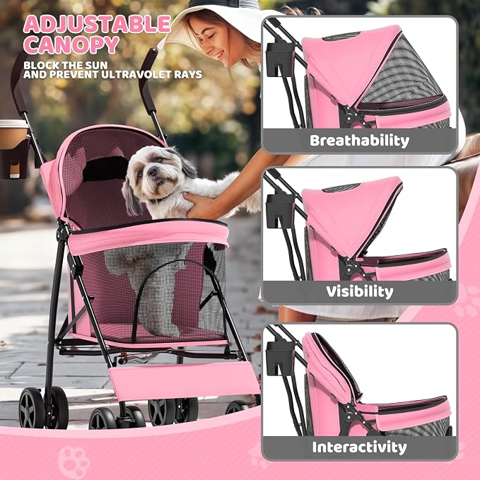Magshion Compact Fold Pet Travel Stroller for Small Dogs Cats, Pink | Up to 22lbs, 4-Wheel Lightweight Umbrella Shaped Design, Safety Tethers, Breathable Mesh, Cup Holder & Rear Storage
