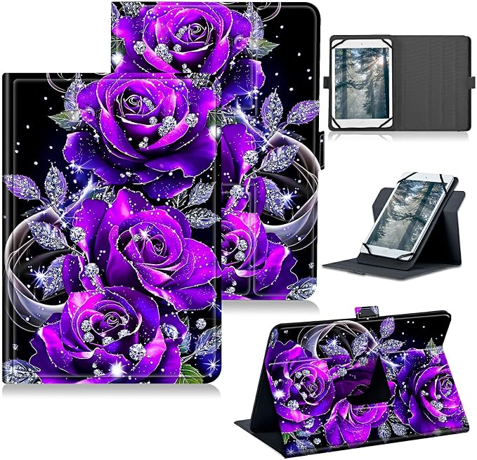 Universal Case for T-Mobile Revvl Tab 2 10.1" Model:9185W 2025/Revvl Tab 5G 10.36" 2023, 360 Degree Rotating Kickstand Protective Stand Leather Shell Cover for 9"-10.5", Purple Rose 01