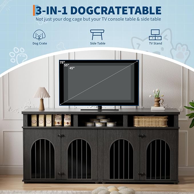 Garvee Double Dog Crate Furniture 71 in Dog Kennel Furniture for 2 Medium Dogs, Heavy Duty Dogs Cage XL Dogs House Indoor with 3 Storage Shelves, Large Puppy Crates with 8 Adjustable Feet