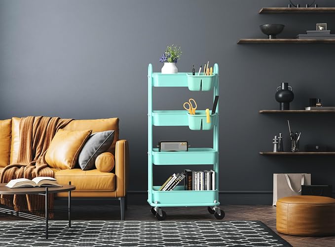 Simple Houseware 4-Tier Rolling Utility Cart with Hanging Bucket, Turquoise | Storage for Bathroom, Kitchen, Office, Study Room, Nursery Diaper