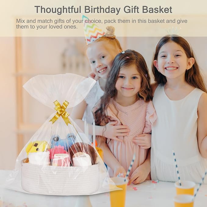 Small Woven Gift Basket with Bag & Ribbons, White | Cotton Rope, 13”x 9”x 5.5”, Fits for Kids, Women & Men, Bedroom, Living Room, Nursery & Bathroom Storage, Cat & Dog Toy Boxes