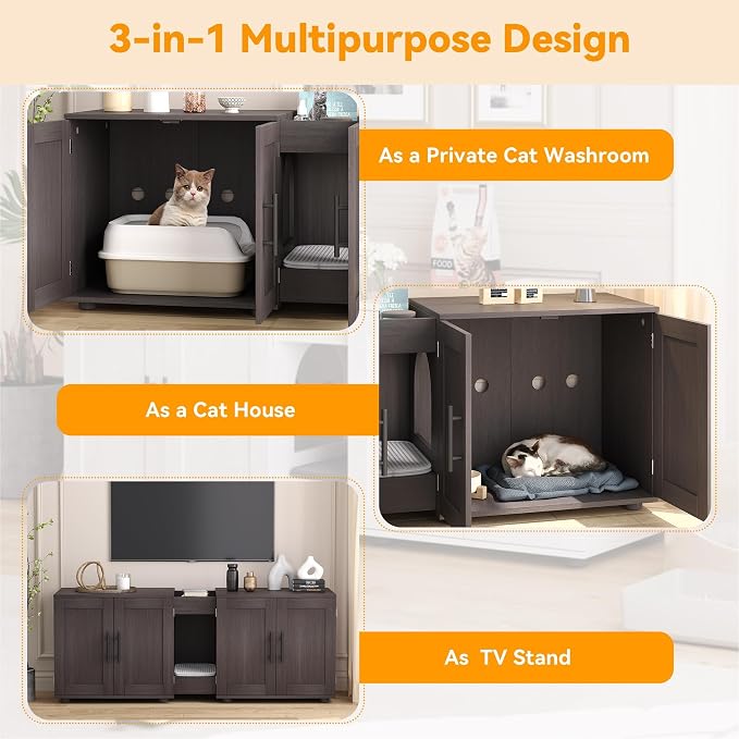 55" Cat Litter Box Enclosure Furniture, Wooden Hidden Litter Box Cabinet with Barn Door & Double Rooms, 3 in 1 Large Cat Litter Cabinet Pet Furniture for Living Room & Bedroom