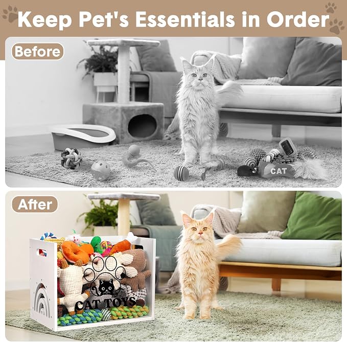Beeveer Large Cat Toy Basket Cat Toy Box Wooden Storage Bin with Acrylic Board Storage Box for Puppy Toys Pet Food and Accessories Organizer Holder Basket for Living Room Area(White, Cat)