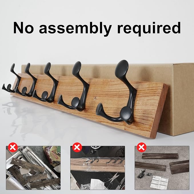 SKOLOO 30-Inch Wood Coat Rack Wall Mount with 5 Triple Hooks - Ideal for Family Entrances, Classrooms, and Pet Supplies Storage - Perfect Coat Hooks for Wall, Black on Natural