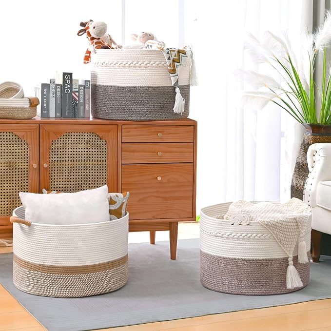 67L Large Blanket Basket, 20"x13" Woven Storage Baskets With Handle, Cotton Rope Blanket Basket Living Room, Baby Laundry hamper for Blanket, Nursery, Toy, Pillow (White & Grey)