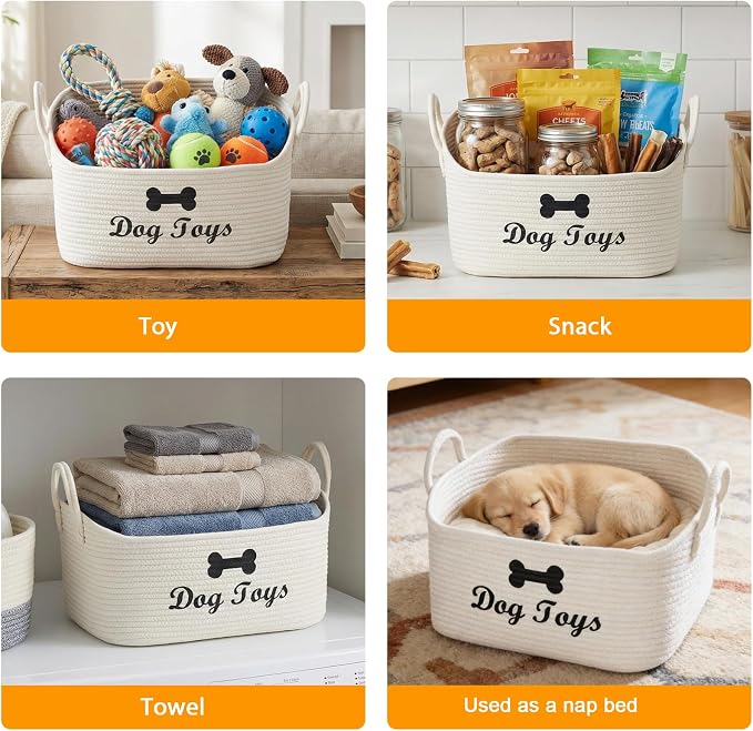 Large Dog Toy Basket-Woven Dog Toy Box for Living Room Area-Trapezoid Pet Toys Bin with Handle-Dog Organizer for Toys,Collar,Leash,Blanket -13.4''x11.8''x10.6''-Beige
