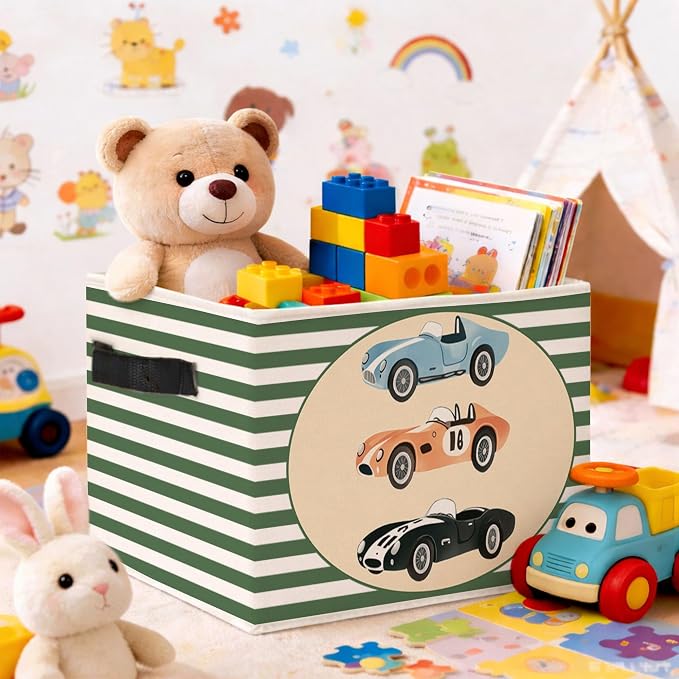 Vintage Race Car Green Stripe Foldable Fabric Storage Bin for Kids Room | Vintage sports car and green stripe design; collapsible bin for organizing toys, books, clothes in kids room or nursery.