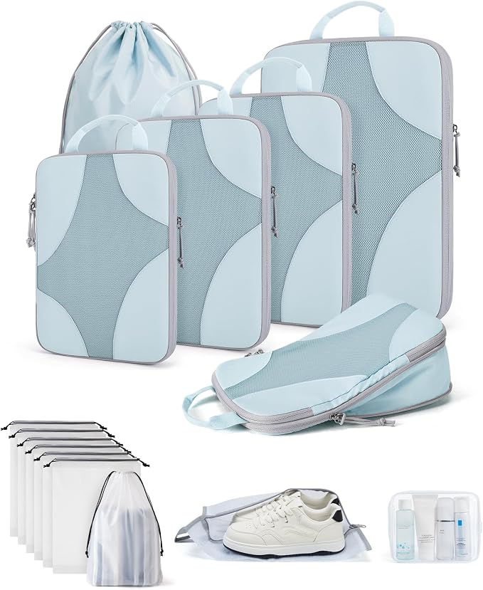 Bagsmart Compression Packing Cubes, Travel Bag Cruise Ship Essentials | Lightweight, Compressible Suitcase Organizer Set fit Standard Carry-On & Checked Luggage, 6 Set, 14 Set Washable Packing Bags