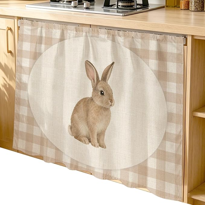 Rabbit Plaid Cabinet Dishwasher Hidden Curtains, Privacy Closet Door Curtain, Rustic Farmhouse Checkered Retro Animal Adhesive Dust Proof Under Sink Skirt for Bathroom Kitchen 35"x35"