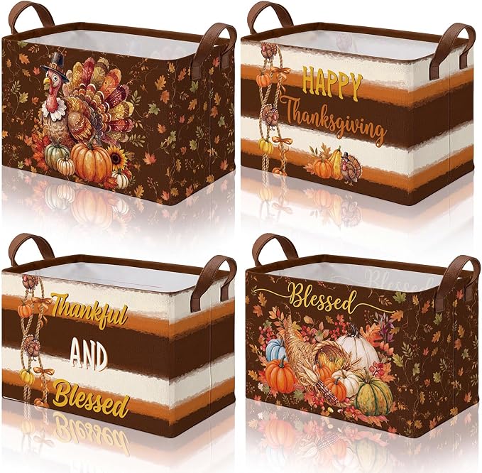 4 Pcs Fall Storage Basket for Gifts Empty Large Thanksgiving Turkey Storage Bins with Handles 15 x 10 x 8 Fabric Laundry Baskets Harvest Collapsible Organizer Boxes for Home Clothes Toys Books