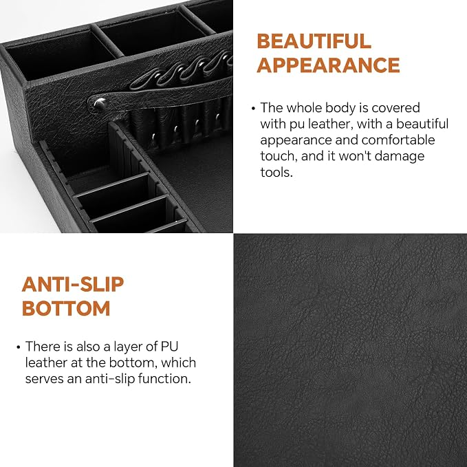 Barber Organizer Tray, 13.9 x 11.2 x 4.4 inch Adjustable Station for Clippers & Guards Scissors, Multifunctional Non-slip Barber&Salon Hair Tools Holder, with PU Leather Exterior Hairdressing Case