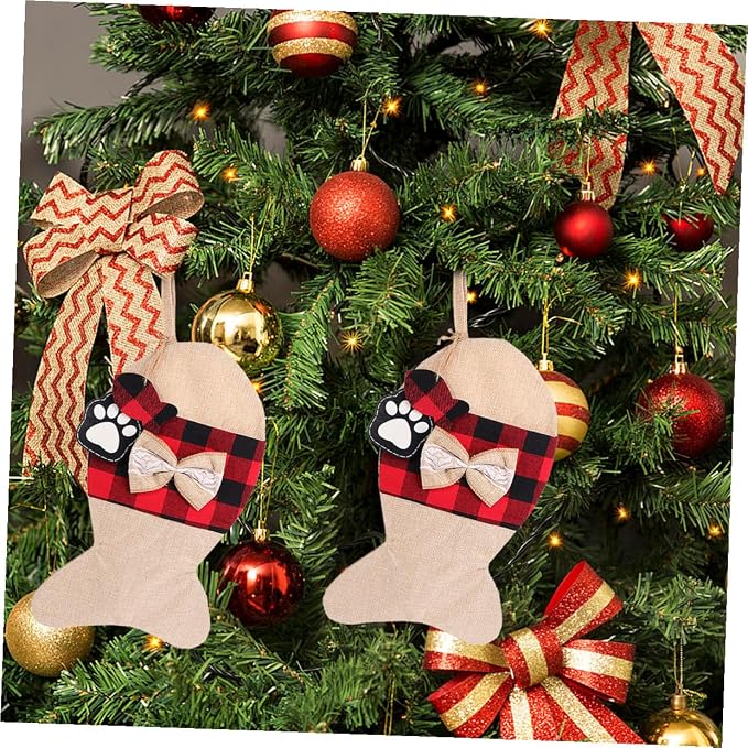 SEWOART Christmas Burlap Pet Stockings Pouch, Fish Shape Candy Bag, Holiday Present Bag for Pets, Rustic Christmas Storage Sack, Festive Tree Hanging Decoration