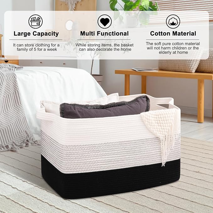 OIAHOMY Extra Large Blanket Basket, 95L Cotton Rope Woven Laundry Basket, Toy Bin for Baby Room, Container for Blanket Storage in Living Room, 24''×17''×14'', Gradient Black