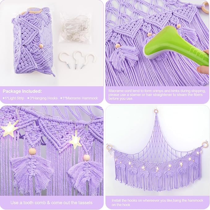 Macrame Stuffed Animal Storage with Star Light, Corner Hammock for Nursery | Corner Hanging Stuffed Animal Net Organizer for Girls' Room, Plushies Toy Wall Hanging Display Holder, Kid Gift