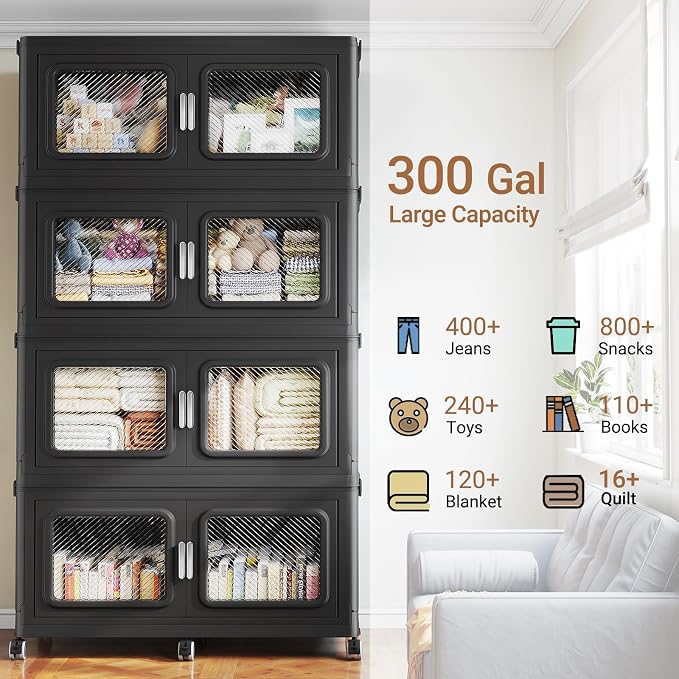 BROVIEW 1200 Qt Extra Large Stackable Storage Bin with Lids, 4 Pack Black | 300Gal Extra Large, Collapsible Storage Boxes with 4 Lids, Folding& Rolling Plastic Drawer, Heavy-Duty Cabinet Organization