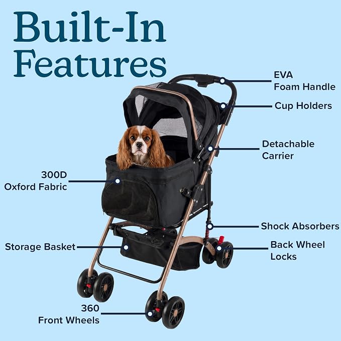2-in-1 Pet Stroller with Detachable Carrier - Lightweight Foldable Dog Strollers for Small Dogs and Cats - Cat Carrier with 4 Shock Absorbing Wheels, Cupholders and Storage Basket by PETMAKER (Black)
