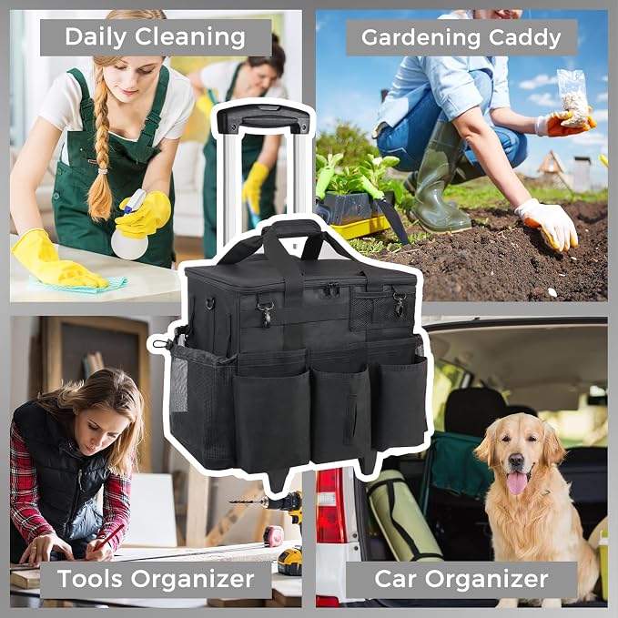 SCAVATA Rolling Cleaning Caddy Bag with Detachable Trolley, Large Cleaning Supplies Organizer with Wheels, Multi Pocket Cleaning Cart with Adjustable Shoulder Strap for Housekeepers & Home Use, Black
