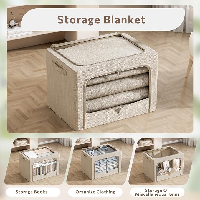 FHSQX 3 Pack Clothes Storage Bins - Foldable Metal Frame Storage Box - Stackable Linen Fabric Container Organizer Set with Carrying Handles and Clear Window (Beige, 15.7x11.8x7.8inch(22L))
