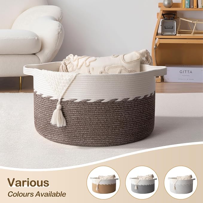 OIAHOMY 90L Extra Large Blanket Basket - Decorative Cotton Rope Storage Basket for Bedroom, Living Room & Nursery - Woven Laundry Hamper for Organizing Blankets, Clothes & Toys - Light Brown & White