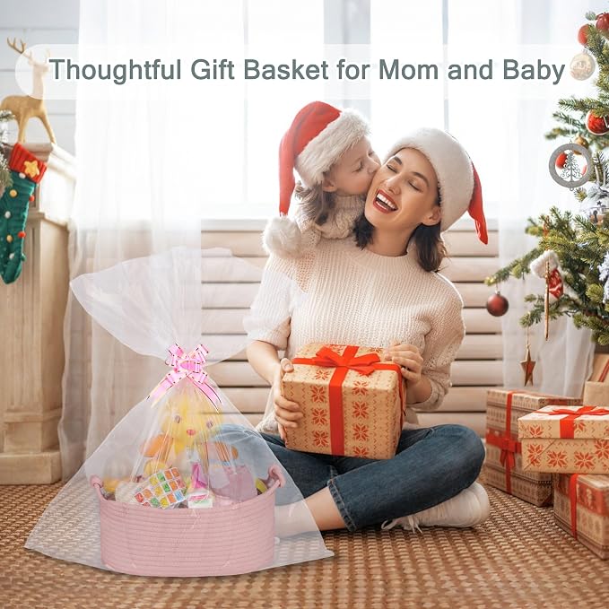 COMSE Small Gift Basket Empty with Bag & Ribbons, Solid Dusty Pink | Cotton Rope, 12"x 8"x 5", Pet Toy Storage Organizer, Woven Basket for Birthdays, Baby Showers, Mother’s Day, Valentine’s Day
