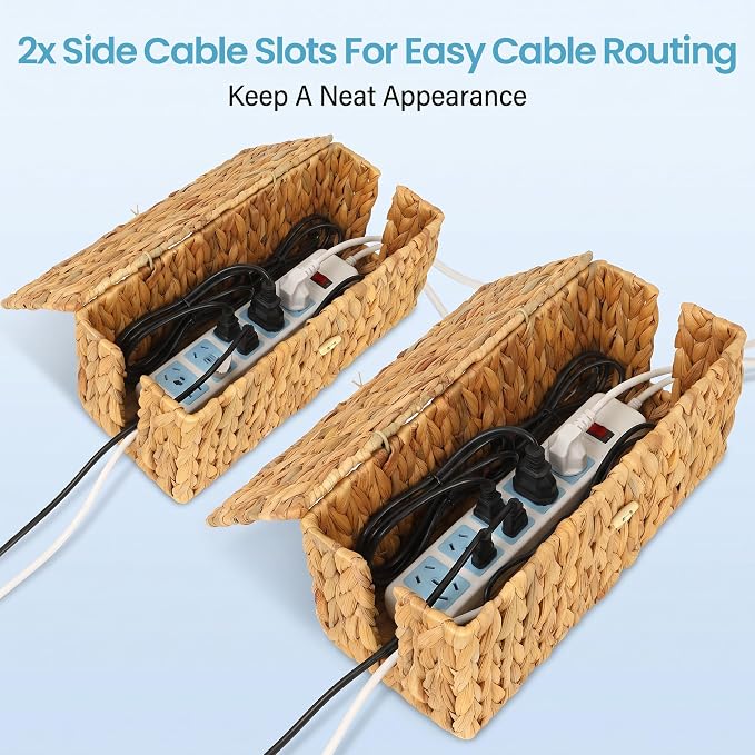 efluky 2 Pack Water Hyacinth Floor Cord Covers with Lid, Hand-woven Cable Management Box, 2 Open Slots Cord Box to to Hide USB Wire, Power Strip & Charger for Home & Office and Dorm, Natural