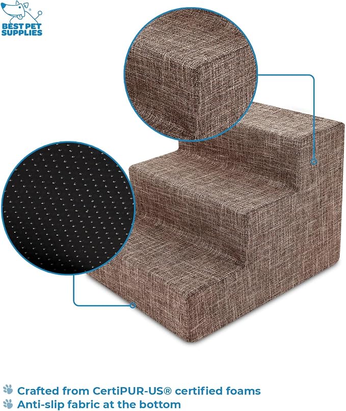 Best Pet Supplies Dog Stairs & Steps - Foam Steps for Small Dogs & Cats, Non-Slip Indoor Balanced Pet Step Support, Dog Ramp, No Assembly, Brown Linen, 3-Step (13.5-inch Height)