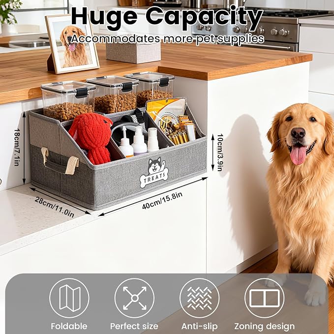 Dog Treat Storage Organizer for Countertop with Fabric Handle and Dividers | Collapsible Dog Treat Container for Living Room Area, Trapezoid Storage Basket for Pet Supplies with Adjustable Dividers