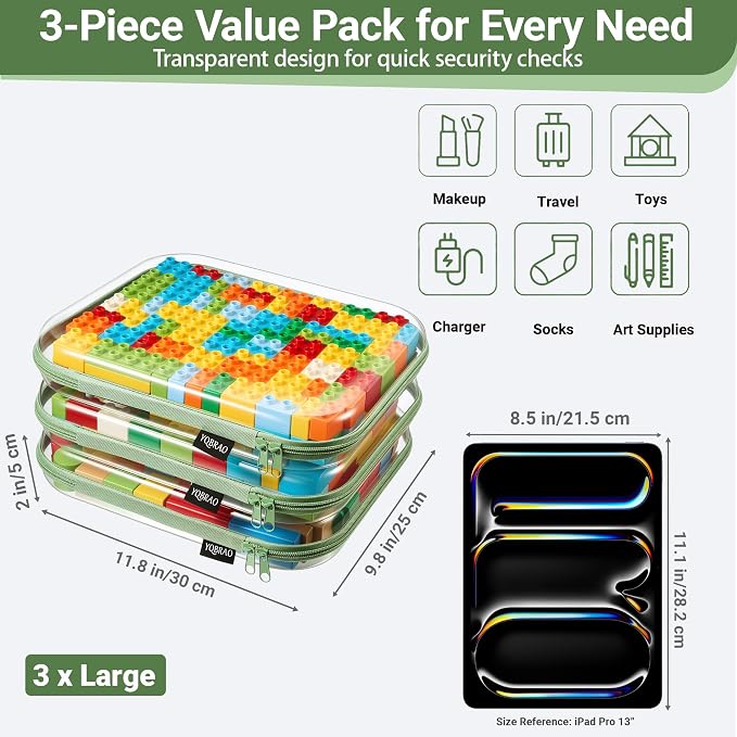 YQBRAO Clear Hard Shell Zipper Cases, 3 Large Travel Organizers, Green | Rigid 1.2 mm PET and YKK dual zippers for full-size toiletries, makeup palettes, electronics and craft supplies