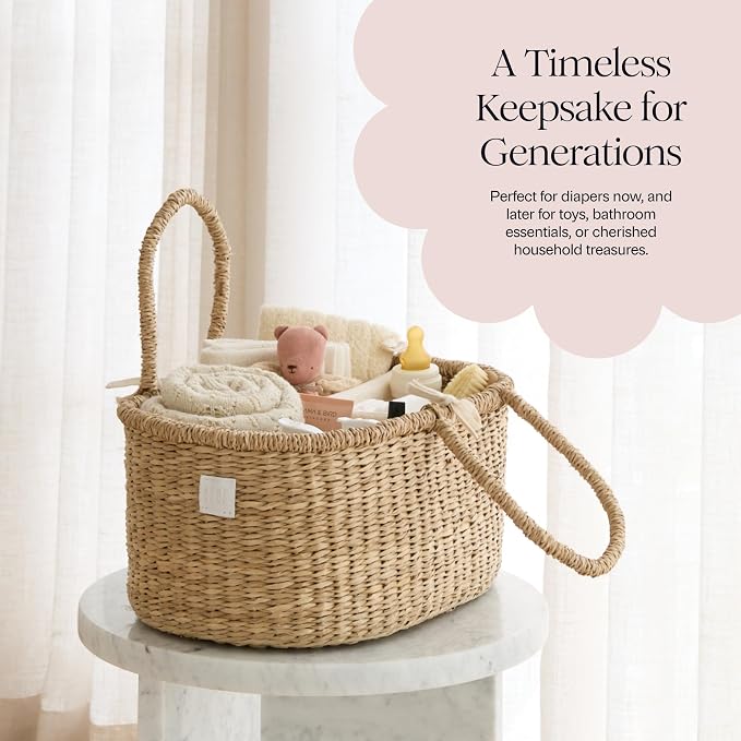 BEBE BASK Premium Baby Diaper Caddy Organizer Basket with Cotton Divider | Handmade & Award-Winner, Seagrass Caddy Basket, Newborn Essentials, Nursery Basket, Removable Divider, Baby Shower (ROSA)