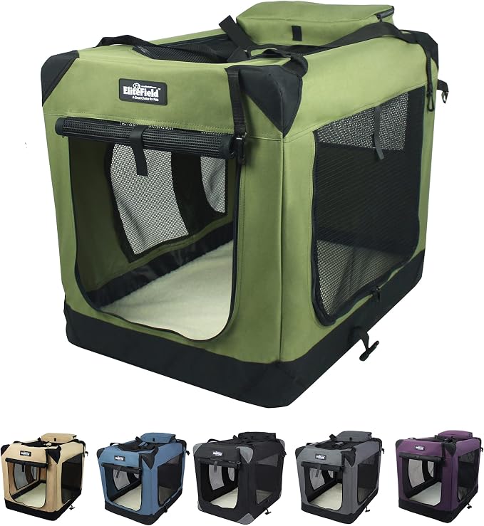 EliteField 3-Door Soft Dog Crate with Bed & Carrying Bag (2-Year Warranty) | 3 Mesh Doors, Steel Frame, Removable & Washable Crate Cover and Bed Cover, Storage Pockets, Indoor/Outdoor, Foldable